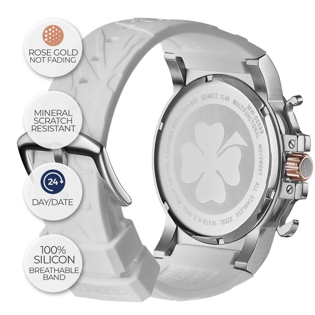 Reloj Mulco La Fleur Gardenia blanco y oro rosa detalle
