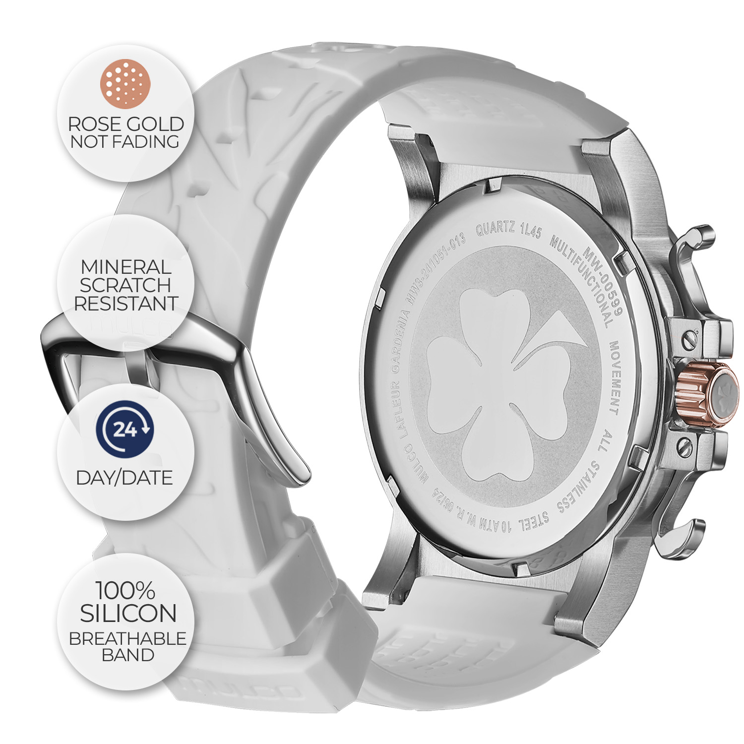 Reloj Mulco La Fleur Gardenia blanco y oro rosa detalle