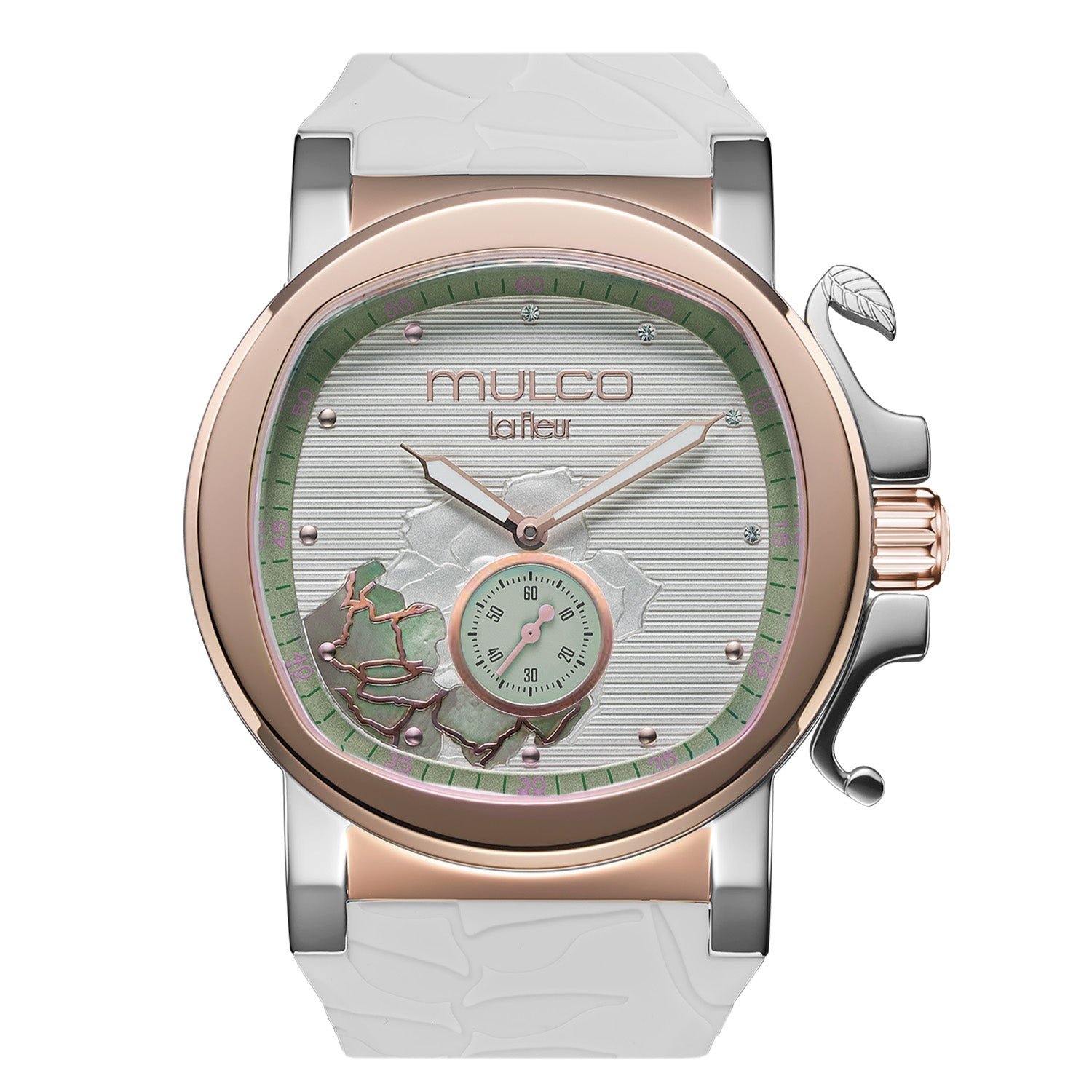Reloj Mulco La Fleur Gardenia blanco y oro rosa vista frontal