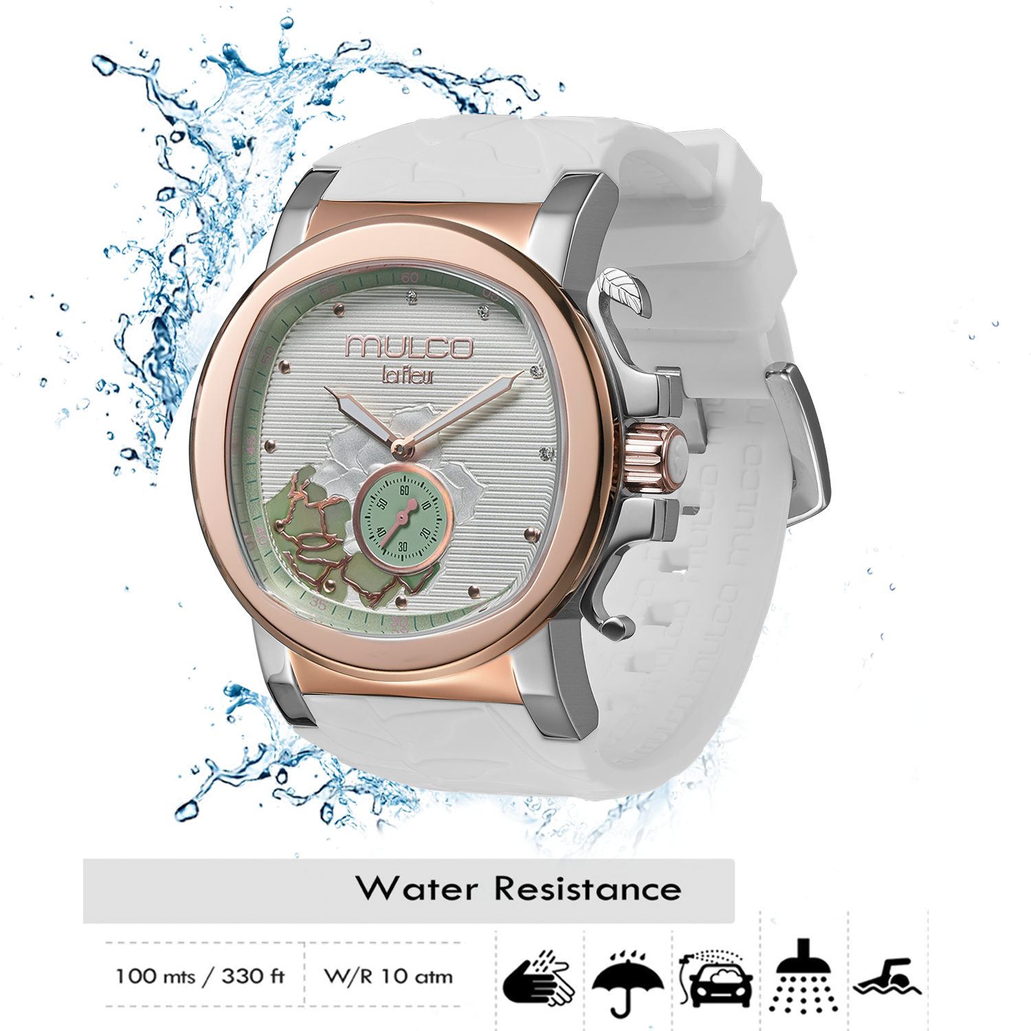 Reloj Mulco La Fleur Gardenia blanco y oro rosa vista lateral