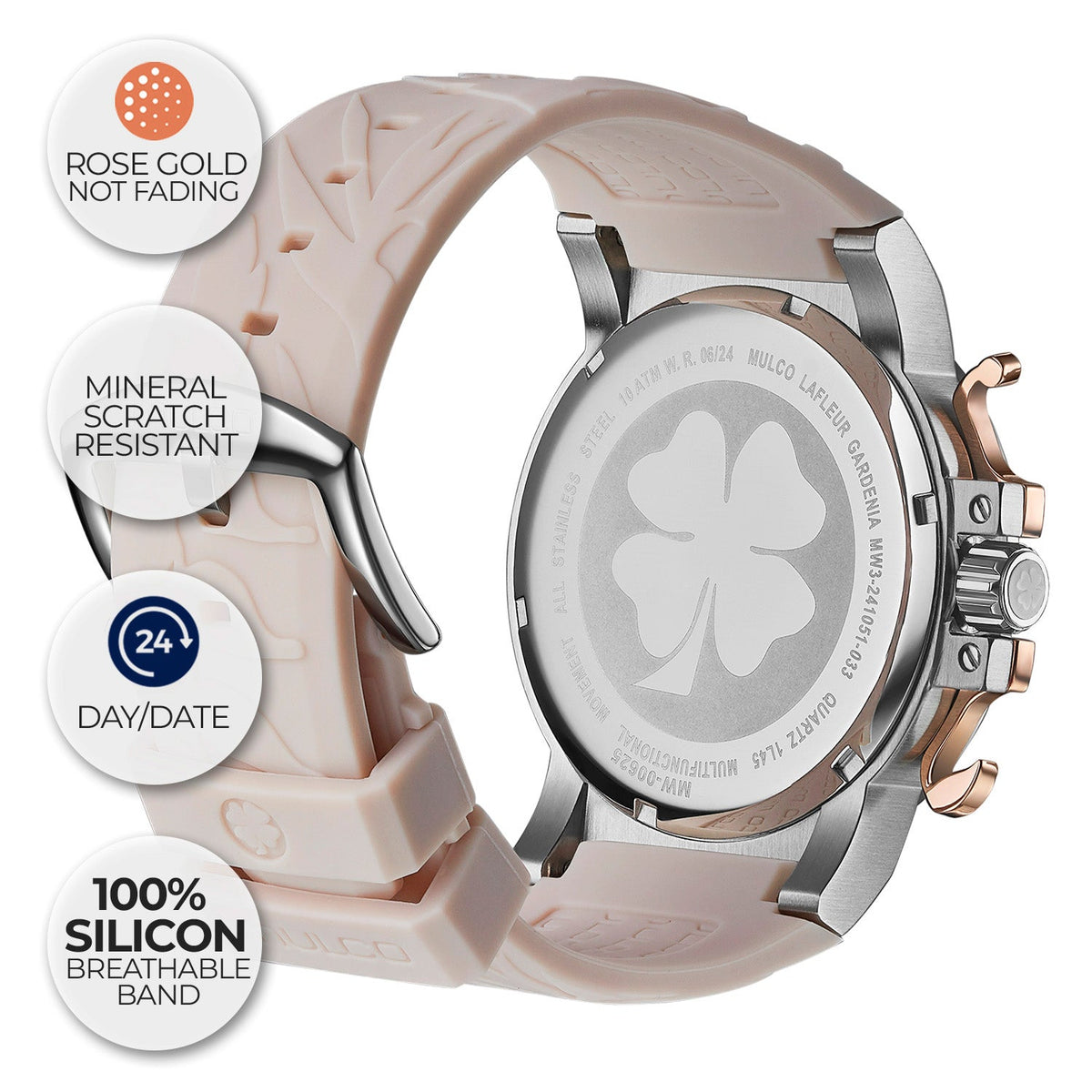 Reloj Mulco La Fleur Gardenia beige y marrón detalle
