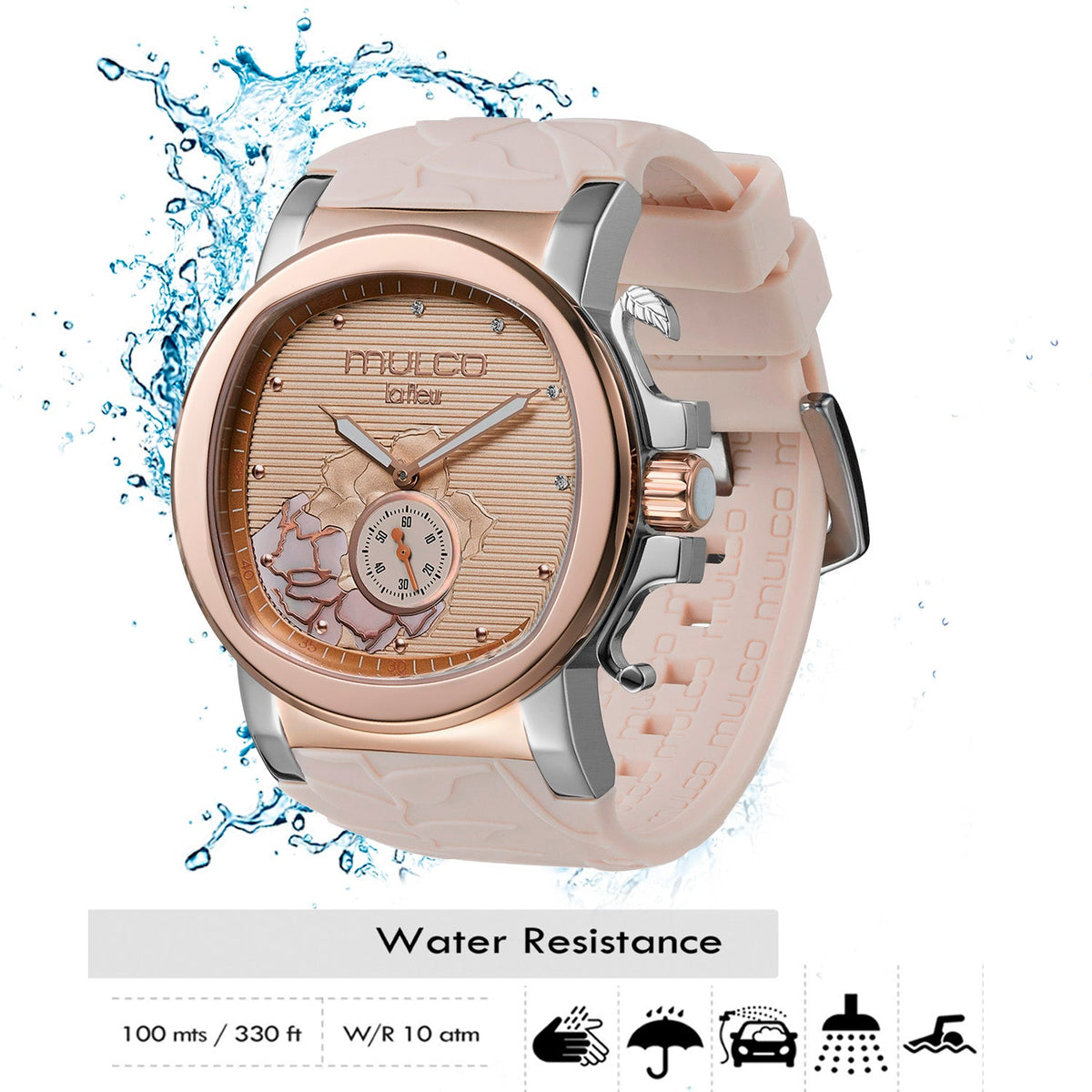 Reloj Mulco La Fleur Gardenia beige y oro rosa vista lateral