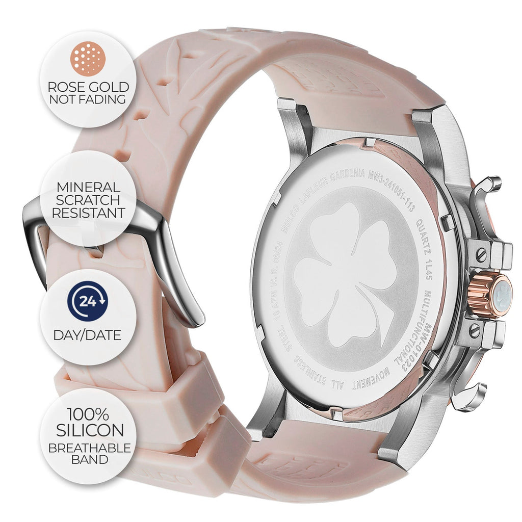 Reloj Mulco La Fleur Gardenia beige y oro rosa detalle