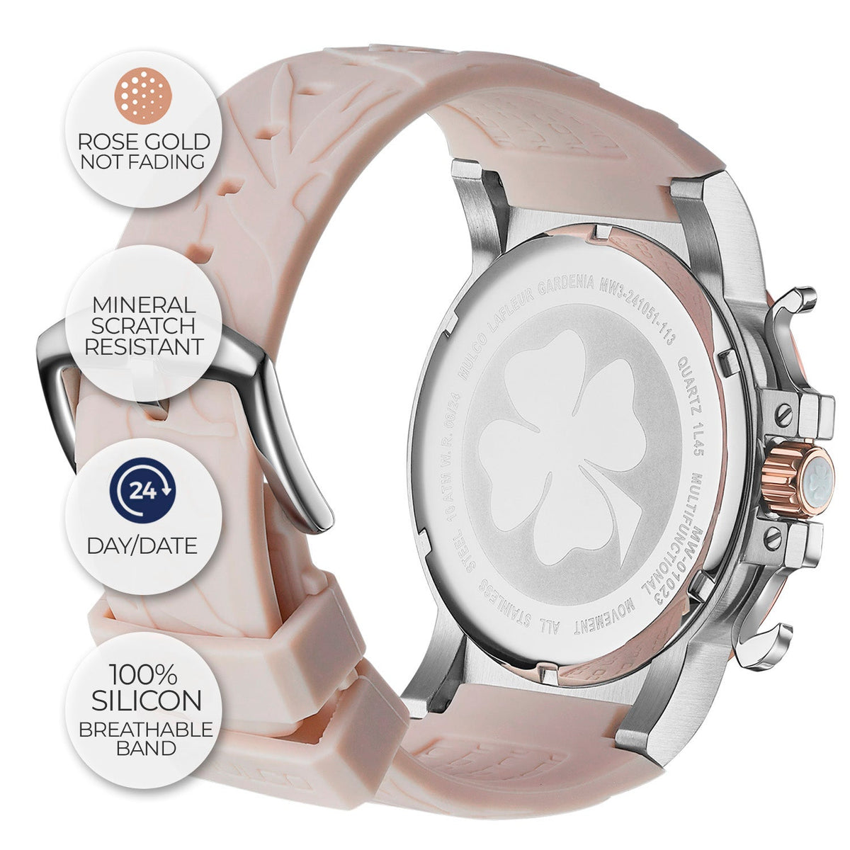 Reloj Mulco La Fleur Gardenia beige y oro rosa detalle