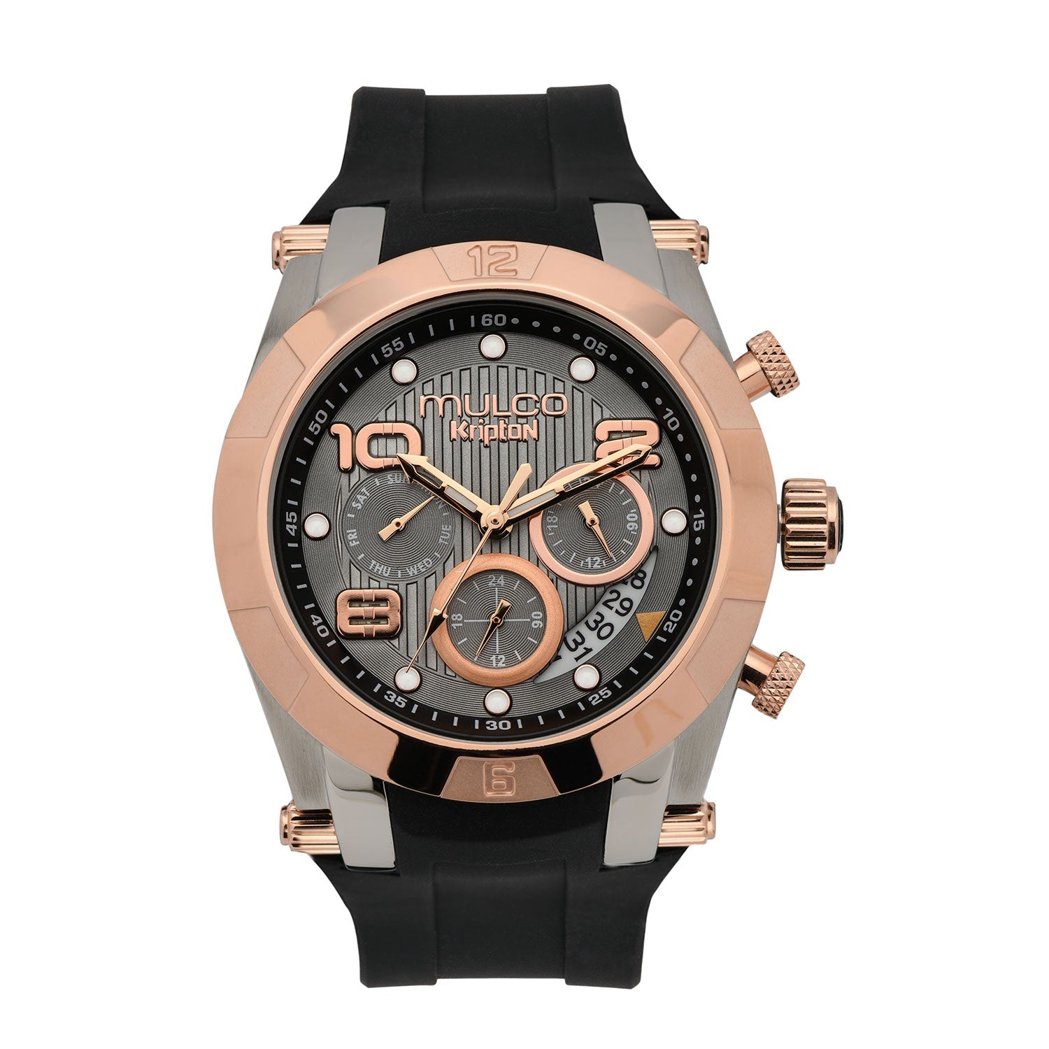 Reloj Mulco Kripton Lady MW5-5249-023 vista frontal negra y oro rosa